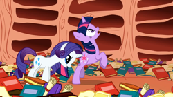 Size: 1920x1080 | Tagged: safe, imported from derpibooru, screencap, rarity, twilight sparkle, pony, unicorn, sonic rainboom (episode), bipedal, book, bookshelf, butt, butt poking, context is for the weak, duo, female, golden oaks library, horn, horn poke, library, literal butthurt, mare, open mouth, out of context, pain, poking, unicorn twilight