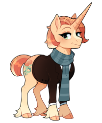 Size: 650x780 | Tagged: safe, artist:lastnight-light, imported from derpibooru, oc, oc only, oc:rose gold, pony, unicorn, clothes, cloven hooves, female, mare, scarf, simple background, solo, suit, transparent background