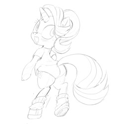 Size: 1200x1200 | Tagged: safe, artist:k-nattoh, imported from derpibooru, starlight glimmer, pony, unicorn, bipedal, blushing, butt, clothes, glimmer glutes, looking back, monochrome, plot, shoes, sketch, socks, solo