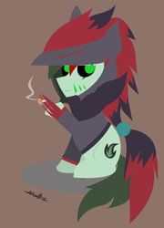 Size: 2248x3115 | Tagged: safe, artist:samsailz, imported from derpibooru, oc, oc only, oc:cy, original species, pony, zoroark, cigarette, clothes, costume, hoodie, lineless, onesie, pokémon, smoking, solo, wight