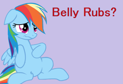 Size: 1323x903 | Tagged: safe, artist:twilyisbestpone, derpibooru exclusive, edit, edited screencap, imported from derpibooru, screencap, rainbow dash, pegasus, pony, awkward, awww, bellyrub request, bronybait, cute, dashabetes, female, floppy ears, mare, purple background, simple background, sitting, solo