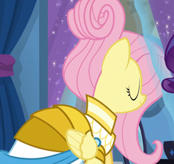 Size: 1784x1687 | Tagged: safe, imported from derpibooru, screencap, fluttershy, rarity, pony, fake it 'til you make it, clothes, cropped, dress, eyes closed, female, mare, rarity for you, solo focus, warrior of inner strength, warriorshy