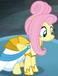 Size: 1240x1629 | Tagged: safe, imported from derpibooru, screencap, fluttershy, pony, fake it 'til you make it, clothes, cropped, dress, female, looking down, mare, rarity for you, solo, warrior of inner strength, warriorshy