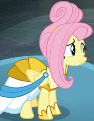 Size: 1270x1625 | Tagged: safe, imported from derpibooru, screencap, fluttershy, pony, fake it 'til you make it, clothes, cropped, dress, female, mare, rarity for you, solo, warrior of inner strength, warriorshy