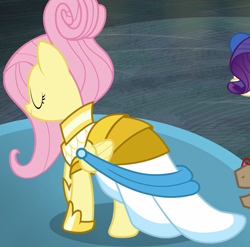 Size: 1630x1611 | Tagged: safe, imported from derpibooru, screencap, bracer britches, fluttershy, rarity, pony, fake it 'til you make it, clothes, cropped, dress, eyes closed, female, mare, rarity for you, solo focus, warrior of inner strength, warriorshy