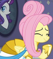 Size: 1526x1687 | Tagged: safe, imported from derpibooru, screencap, fluttershy, pony, fake it 'til you make it, clothes, cropped, dress, female, giggling, mare, rarity for you, solo, warrior of inner strength, warriorshy