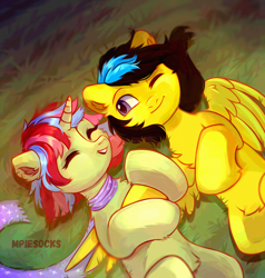 Size: 2382x2500 | Tagged: safe, artist:_mpiesocks, artist:raily, imported from derpibooru, pegasus, pony, unicorn, background pony, clothes, digital art, grass, happy, love, lying, lying down, scarf, shipping, spread wings, wings