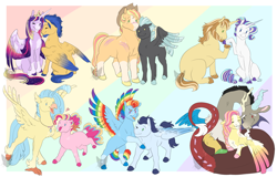 Size: 1600x1024 | Tagged: safe, artist:arexstar, imported from derpibooru, applejack, discord, donut joe, flash sentry, fluttershy, pinkie pie, princess skystar, rainbow dash, rarity, soarin', thunderlane, twilight sparkle, alicorn, classical hippogriff, hippogriff, pegasus, pony, unicorn, my little pony: the movie, abstract background, alternate design, alternate hairstyle, big mare, colored wings, discoshy, female, flashlight, lesbian, male, mane six, markings, multicolored wings, rarijoe, scar, shipping, skypie, soarindash, straight, thunderjack, twilight sparkle (alicorn), two toned wings, wings