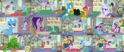 Size: 3200x1350 | Tagged: safe, edit, edited screencap, imported from derpibooru, screencap, berry blend, berry bliss, big macintosh, gallus, huckleberry, november rain, ocellus, peppermint goldylinks, phyllis, silverstream, smolder, spike, starlight glimmer, sunburst, trixie, twilight sparkle, alicorn, changedling, changeling, dragon, earth pony, griffon, hippogriff, pegasus, unicorn, a horse shoe-in, marks for effort, road to friendship, student counsel, book, bookshelf, butt, collage, female, friendship student, glimmer glutes, globe, male, mare, quill, school of friendship, scroll, stallion, starlight's office, twilight sparkle (alicorn), winged spike, wings