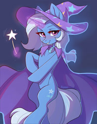 Size: 1578x2000 | Tagged: safe, artist:fensu-san, edit, editor:ziemniax, imported from derpibooru, trixie, pony, unicorn, bedroom eyes, blushing, cape, cloak, clothes, explicit source, female, glowing horn, hat, horn, looking at you, magic, magic wand, mare, safe edit, sfw edit, simple background, solo, trixie's cape, trixie's hat