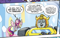Size: 1494x951 | Tagged: safe, artist:tonyfleecs, edit, idw, imported from derpibooru, princess cadance, alicorn, robot, spoiler:comic, spoiler:friendship in disguise, spoiler:friendship in disguise04, autobot, bumblebee, bumblebee (transformers), cropped, crossover, eyes closed, female, male, transformers
