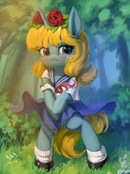 Size: 2048x2732 | Tagged: safe, artist:tinybenz, imported from derpibooru, oc, oc only, oc:leek, alicorn, pony, alicorn oc, blushing, clothes, dress, female, flower, flower in hair, horn, looking at you, school uniform, schoolgirl, shoes, short sleeves, skirt, socks, solo, solo female, uniform, wings, wreath