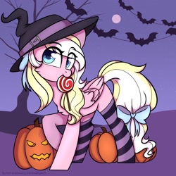 Size: 1280x1280 | Tagged: safe, artist:cloud-fly, imported from derpibooru, oc, oc only, oc:bay breeze, pegasus, pony, bow, candy, clothes, female, food, halloween, hat, holiday, jack-o-lantern, mare, pumpkin, socks, solo, striped socks, witch hat