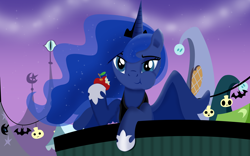 Size: 4000x2500 | Tagged: safe, artist:alhorse, imported from derpibooru, princess luna, alicorn, pony, luna eclipsed, :t, absurd resolution, apple, cheek bulge, eating, female, food, herbivore, high res, mare, nightmare night, scene interpretation, smiling, solo, spread wings, wings