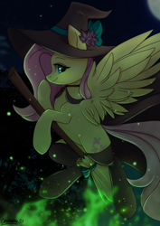 Size: 2894x4093 | Tagged: safe, artist:chickenbrony, artist:cottonaime, imported from derpibooru, fluttershy, pegasus, pony, boop, broom, cute, hat, looking at you, self-boop, shyabetes, smiling, solo, witch hat