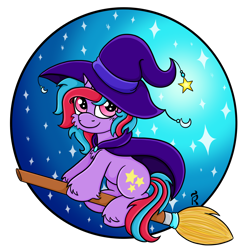 Size: 2000x2000 | Tagged: safe, artist:dawn-designs-art, imported from derpibooru, oc, oc only, oc:cosmic spark, pony, unicorn, broom, clothes, costume, female, flying, flying broomstick, halloween, halloween costume, hat, holiday, mare, nightmare night, pink eyes, purple coat, simple background, solo, transparent background, witch, witch costume, witch hat