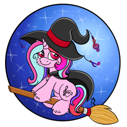 Size: 2000x2000 | Tagged: safe, artist:dawn-designs-art, imported from derpibooru, oc, oc only, oc:crystal note, pony, unicorn, broom, clothes, costume, flying, flying broomstick, halloween, halloween costume, hat, holiday, nightmare night, simple background, solo, transparent background, witch, witch costume, witch hat