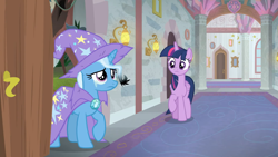 Size: 1920x1080 | Tagged: safe, imported from derpibooru, screencap, trixie, twilight sparkle, alicorn, pony, unicorn, a horse shoe-in, burnt mane, cape, clothes, crying, duo, female, hallway, hat, mare, raised hoof, sad, school of friendship, scorched, surprised, tree, trixie's cape, trixie's hat, twilight sparkle (alicorn)