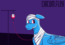 Size: 1800x1260 | Tagged: safe, artist:circumflexs, imported from derpibooru, oc, oc only, pegasus, pony, bald, bandage, bandaid, bands, ear down, floppy ears, folded wings, iv drip, male, offscreen character, one ear down, simple background, solo, stallion, weak, wings