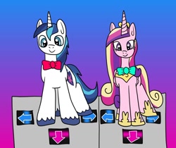 Size: 1280x1073 | Tagged: safe, artist:platinumdrop, imported from derpibooru, princess cadance, shining armor, bowtie, dance dance revolution, dancing, hoof shoes, request, video game