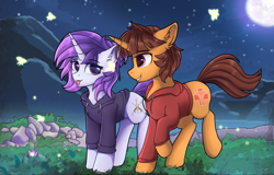 Size: 5950x3800 | Tagged: safe, artist:lakunae, imported from derpibooru, oc, oc only, oc:lakunae, oc:moonlight shadow, pony, unicorn, clothes, eyelashes, female, hoodie, horn, male, mare, married couple, stallion, tongue out, unicorn oc