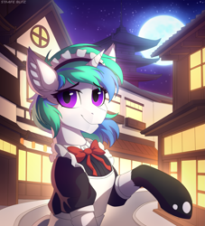 Size: 2103x2320 | Tagged: safe, artist:strafe blitz, imported from derpibooru, oc, oc only, oc:annie berryheart, pony, unicorn, clothes, ear fluff, looking at you, maid, moon, night, pagoda, raised hoof, smiling, smiling at you, solo, town