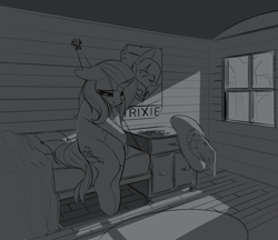 Size: 2087x1802 | Tagged: safe, artist:shouldbedrawing, edit, imported from derpibooru, trixie, pony, unicorn, clothes, depressing, female, floppy ears, grayscale, hat, looking down, mare, monochrome, sad, solo, trixie's hat, trixie's wagon