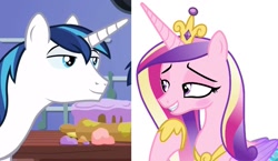 Size: 1325x768 | Tagged: safe, edit, edited screencap, imported from derpibooru, screencap, princess cadance, shining armor, alicorn, pony, unicorn, bedroom eyes, female, flirting, horn, husband and wife, looking at each other, male, mare, married couple, shiningcadance, shipping, stallion, straight, wings