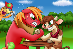 Size: 1800x1200 | Tagged: safe, artist:redahfuhrerking, imported from derpibooru, applejack, arizona cow, big macintosh, cow, earth pony, pony, them's fightin' herds, arizona (tfh), cheering, community related, crossover, flag, grin, gritted teeth, hoofwrestle, open mouth, smiling, sweat, sweet apple acres, uvula, volumetric mouth