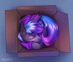 Size: 2344x2000 | Tagged: safe, artist:jedayskayvoker, imported from derpibooru, oc, oc only, oc:grey, unnamed oc, bat pony, pony, bat pony oc, bat wings, box, clothes, cute, cutie mark, eyes closed, high res, male, ocbetes, pony in a box, sleeping, solo, sweater, wings