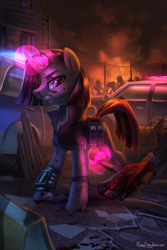 Size: 2000x3000 | Tagged: safe, artist:jedayskayvoker, imported from derpibooru, oc, oc only, oc:dry land, pony, unicorn, axe, blood, city, clothes, crossover, female, fire, glowing horn, high res, horn, levitation, magic, mare, outdoors, pipbuck, resident evil, resident evil 3, solo, telekinesis, vehicle, video game crossover, weapon