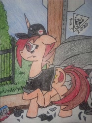 Size: 1024x1366 | Tagged: safe, artist:emilz-the-half-demon, imported from derpibooru, oc, oc:pyre quill, unicorn, car, car accident, clothes, debris, fence, telephone pole, uniform, vent art, worried