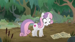 Size: 1280x720 | Tagged: safe, imported from derpibooru, screencap, sweetie belle, pony, unicorn, growing up is hard to do, female, gritted teeth, looking down, mangrove tree, map, mud, older, older sweetie belle, shocked, solo, swamp, tree