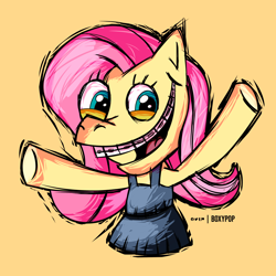 Size: 3600x3600 | Tagged: safe, artist:boxypop, artist:poxy_boxy, imported from derpibooru, applejack, fluttershy, pinkie pie, rainbow dash, rarity, twilight sparkle, pegasus, pony, .mov, shed.mov, braces, clothes, dress, fluttershed, mane six, simple background, solo, yellow background