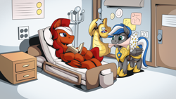 Size: 2560x1440 | Tagged: safe, artist:mysticalpha, imported from derpibooru, oc, oc only, oc:captain sunride, oc:cloud zapper, pegasus, pony, armor, bandage, bed, flower, hospital, hospital bed, male, pegasus oc, royal guard, royal guard armor, stallion, wings