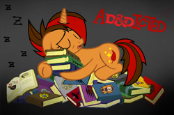 Size: 1022x674 | Tagged: safe, artist:emilz-the-half-demon, imported from derpibooru, oc, oc only, oc:pyre quill, pony, unicorn, book, dungeons and dragons, eyes closed, female, mare, onomatopoeia, pen and paper rpg, pile of books, rpg, sleeping, solo, sound effects, tired, z, zzz