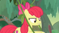Size: 1280x720 | Tagged: safe, imported from derpibooru, screencap, apple bloom, earth pony, pony, growing up is hard to do, season 9, spoiler:s09, apple bloom is not amused, bow, female, older, older apple bloom, solo, stuck, unamused, vine