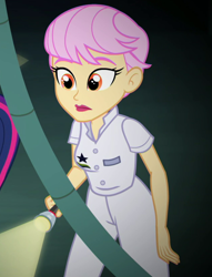 Size: 610x800 | Tagged: safe, imported from derpibooru, screencap, mimi mimosa, equestria girls, equestria girls series, spring breakdown, spoiler:eqg series (season 2), cropped, cruise crew, cruise outfit, cruise ship, cruise ship staff, female, flashlight (object), pink hair
