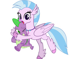 Size: 1125x911 | Tagged: safe, imported from derpibooru, silverstream, spike, dragon, hippogriff, female, hug, looking at you, male, shipping, simple background, spikestream, straight, vector, white background, winged spike, wings