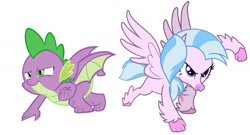 Size: 1691x911 | Tagged: safe, artist:memnoch, artist:walrusinc, edit, imported from derpibooru, silverstream, spike, dragon, hippogriff, determined, male, simple background, superhero landing, vector, white background, winged spike, wings