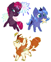 Size: 1024x1244 | Tagged: safe, artist:fuyusfox, imported from derpibooru, autumn blaze, princess luna, tempest shadow, alicorn, kirin, pony, unicorn, awwtumn blaze, broken horn, chibi, colored pupils, cracked horn, cute, ear fluff, electricity magic, female, filly, filly luna, filly tempest shadow, fireworks, horn, leaf, lunabetes, mare, mouth hold, open mouth, profile, simple background, stars, tempestbetes, transparent background, trio, watermark, woona, younger