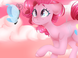 Size: 1600x1200 | Tagged: safe, artist:peachiebug, artist:peachieswrld, imported from derpibooru, pinkie pie, butterfly, earth pony, pony, balloon, cloud, colored hooves, cute, diapinkes, female, floating, floppy ears, looking at something, mare, sky, smiling, solo, then watch her balloons lift her up to the sky
