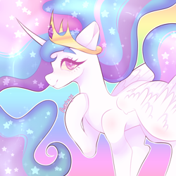 Size: 1000x1000 | Tagged: safe, artist:peachiebug, artist:peachieswrld, imported from derpibooru, princess celestia, alicorn, pony, abstract background, colored pupils, crown, cute, cutelestia, ethereal mane, female, hoof on chest, horn, jewelry, looking at you, mare, profile, raised hoof, regalia, smiling, smiling at you, solo, spread wings, starry mane, stars, tiara, wings