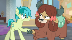 Size: 1366x768 | Tagged: safe, imported from derpibooru, screencap, sandbar, yona, earth pony, pony, yak, she's all yak, bow, cloven hooves, duo, female, hair bow, holding hooves, male, monkey swings, teenager