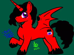 Size: 2048x1536 | Tagged: safe, artist:artmama113, imported from derpibooru, oc, oc only, oc:sketchbook, alicorn, bat pony, bat pony alicorn, pony, alicorn oc, bat pony oc, bat wings, green background, horn, male, raised hoof, red and black oc, rule 63, signature, simple background, solo, stallion, unshorn fetlocks, wings