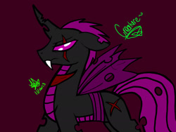 Size: 2048x1536 | Tagged: safe, artist:artmama113, imported from derpibooru, oc, oc only, oc:creature, changeling, changeling queen, pony, branding, changeling queen oc, eye scar, fangs, female, purple background, purple changeling, scar, signature, simple background, solo