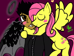 Size: 2048x1536 | Tagged: safe, artist:artmama113, imported from derpibooru, fluttershy, oc, human, pegasus, blush sticker, blushing, canon x oc, clothes, dark skin, female, halo, hug, male, mare, purple background, signature, simple background, straight