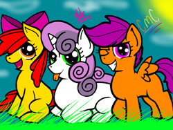 Size: 2048x1536 | Tagged: safe, artist:artmama113, imported from derpibooru, apple bloom, scootaloo, sweetie belle, earth pony, pegasus, pony, unicorn, :p, adorabloom, bow, cute, cutealoo, cutie mark crusaders, diasweetes, female, grin, hair bow, hair over one eye, mare, one eye closed, outdoors, ponyloaf, signature, smiling, sun, tongue out, trio, trio female, wink