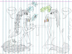 Size: 1522x1144 | Tagged: safe, artist:twin-fan, imported from derpibooru, oc, oc only, alicorn, pony, unicorn, alicorn oc, dialogue, duo, female, glowing horn, horn, lineart, lined paper, magic, mare, siblings, signature, sisters, telekinesis, traditional art, unicorn oc, wings