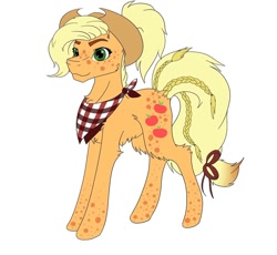 Size: 1080x993 | Tagged: safe, artist:moona_lou, imported from derpibooru, applejack, earth pony, pony, bow, braided tail, female, hat, mare, neckerchief, redesign, simple background, solo, tail bow, trypophobia, white background